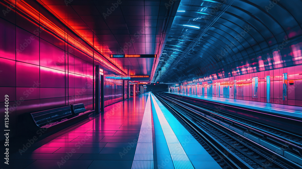 Fototapeta premium A futuristic train station in a cyberpunk city, illuminated by soft neon lighting and minimalistic structures