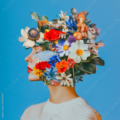 Flower girl collage, Woman adorned with a floral wreath, Girl with flowers digital artwork, AI-generated modern fashion illustration.