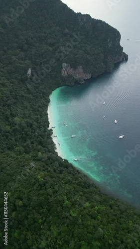 Beautiful drone video of Monkey Beach in Koh Phi Phi Don in Thailand.