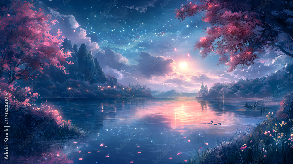 Fototapeta premium Serene Sunset Lake Under Starry Night Sky
