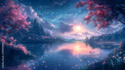 Serene Sunset Lake Under Starry Night Sky