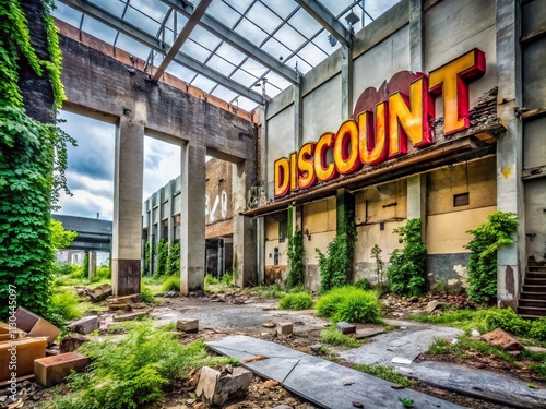 Urban Exploration Photography Featuring a Bold 3D Discount Sign Amidst Gritty City Landscapes Capturing the Essence of Modern Marketing and Urban Life photo