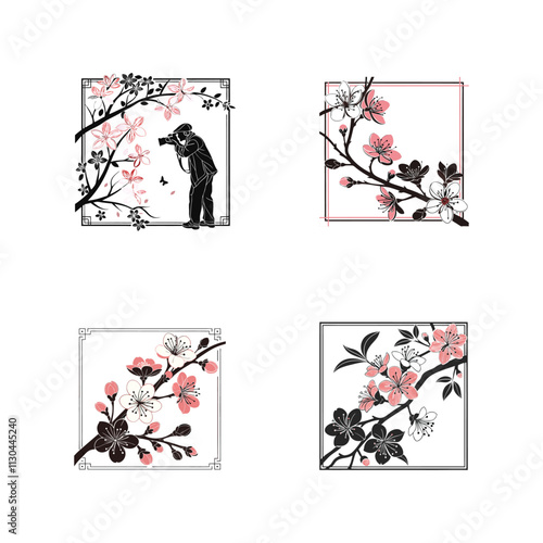 Elegant Chinese-inspired pink and black flowers frame artwork, perfect for decorative projects, invitations, and design accents with a sophisticated floral aesthetic.