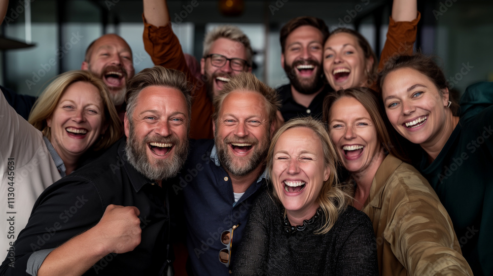 Fototapeta premium Group of Friends Celebrating Together With Joy in a Modern Indoor Setting at Sunset