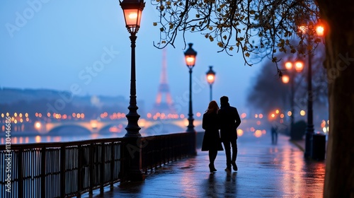 couple paris valentine concept. Romantic evening stroll by the river in a city illuminated by lamps.