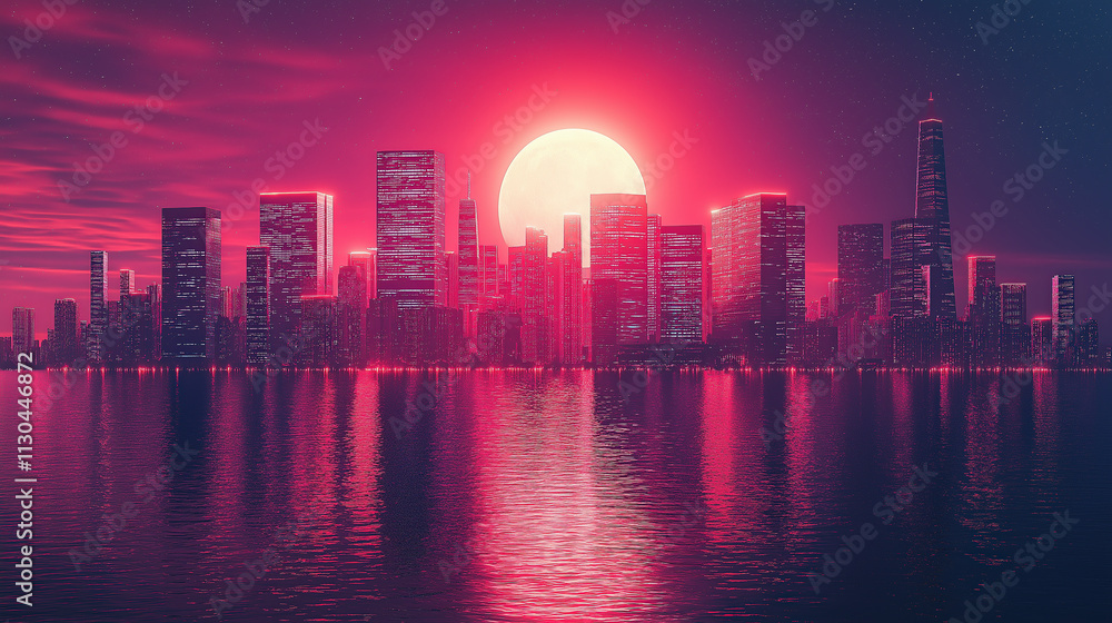 Fototapeta premium A minimalist cyberpunk city skyline at night, glowing neon lights and clean geometric buildings under a dark sky