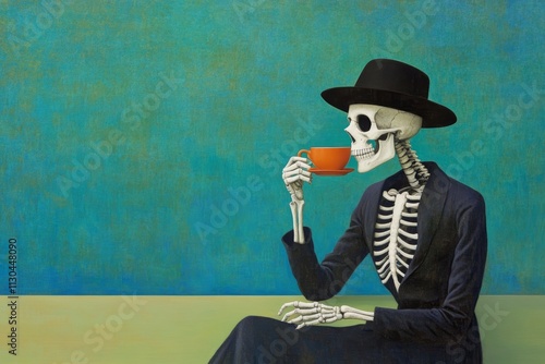 Skeleton in Suit and Hat Enjoys Coffee Against Blue Background