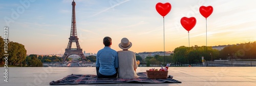couple paris valentine concept. Couple enjoying a romantic sunset by the Eiffel Tower with heart balloons.