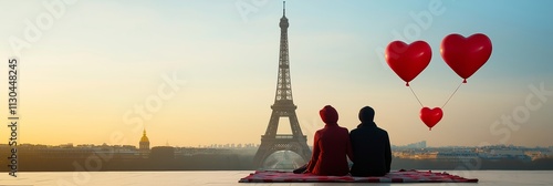 couple paris valentine concept. Romantic couple with heart balloons by the Eiffel Tower at sunset.