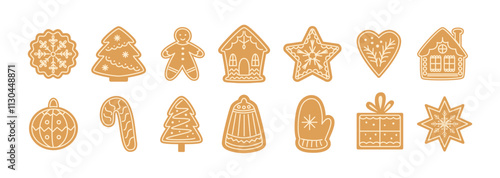 Christmas gingerbread cookies. Icons, doodle. Traditional xmas biscuits. Gingerbread man, houses. Homemade sweets for winter festive holidays. Children's treat. Vector illustrations isolated on white.