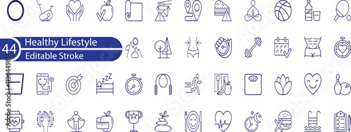 Healthy lifestyle icon set. Contains such Icons as diet, exercise, sleep, running, routine, gym, nutrition, cardio exercises, sports supplements icons and more