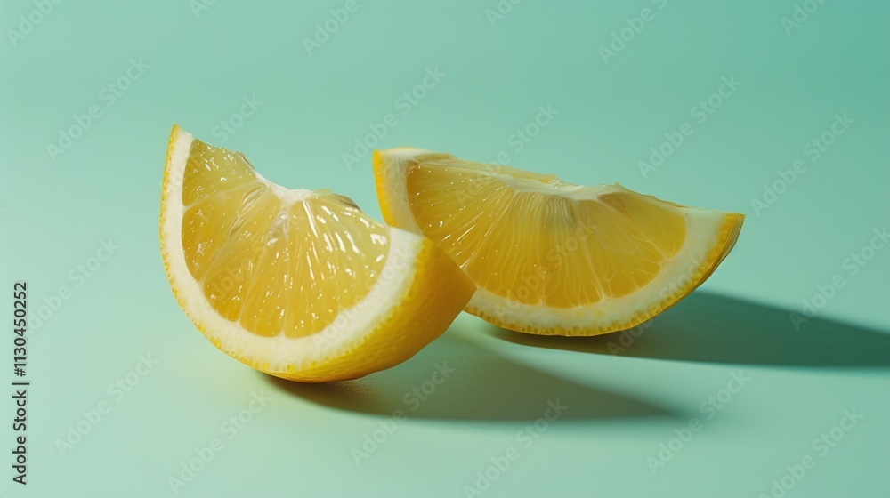 A lemon cut into wedges on a solid light green background.