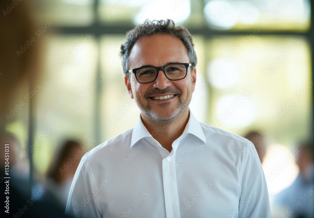 Fototapeta premium Professional man smiling in modern office environment with confidence