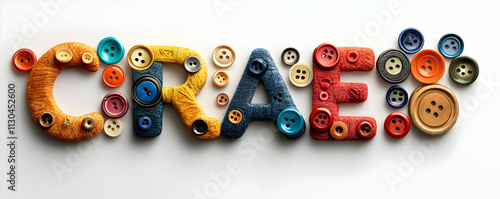 Colorful Craft, Yarn Letters & Buttons Arranged to Spell CRAE! photo