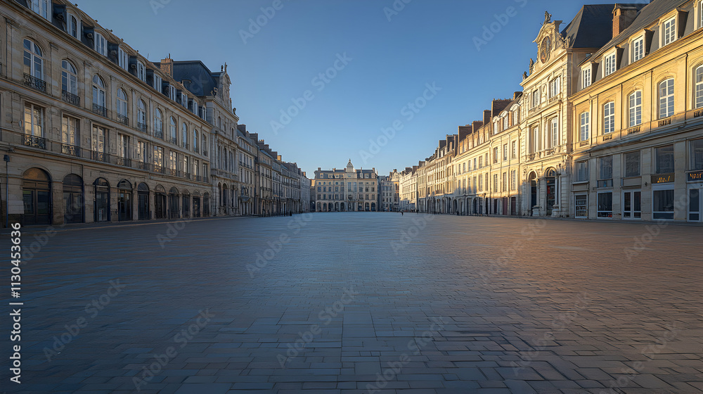 Obraz premium Serene Dawn in a European City Square, Buildings Illuminate the Sunlit Cobblestone Plaza, creating a calm atmosphere.