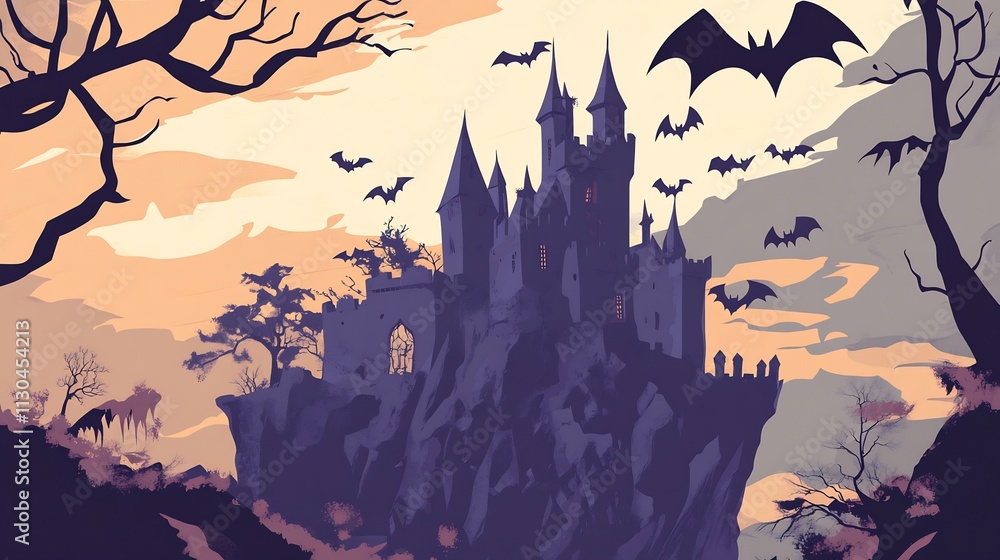 Fototapeta premium Halloween Castle on a Clifftop at Dusk