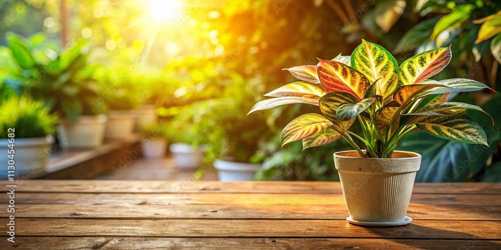 Vibrant Potted Plant with Variegated Leaves on a Sunlit Table, Perfect for Home Decor, Adding a Touch of Nature to Your Space, Ideal for Gardening Enthusiasts and Plant Lovers Vibrant Potted Plant with Variegated Leaves on a Sunlit Table, Perfect for Home Decor, Adding a Touch of Nature to Your Space, Ideal for Gardening Enthusiasts and Plant Lovers