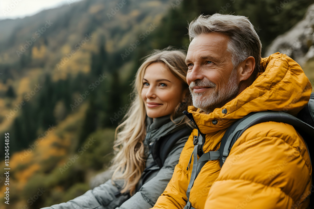 Fototapeta premium Couple's Autumn Mountain Vista, Enjoying Panoramic Scenery Together on a Hike, Feeling Peaceful and Free