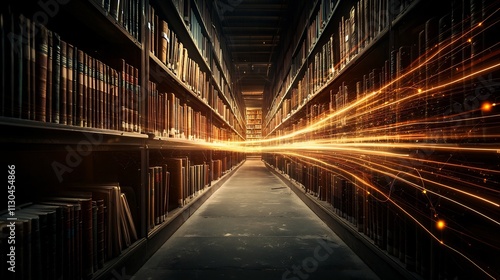 Wallpaper Mural Photograph showcasing RFID tagged books in a library with glowing network lines representing real time inventory tracking and analytics for optimized management and workflow Torontodigital.ca