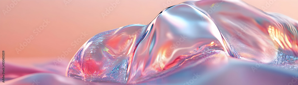 Obraz premium Abstract iridescent landscape, flowing pastel colors creating a dreamy, ethereal scene. Shimmering textures reflect light beautifully, evoking serenity and tranquility.