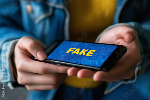 Close-Up of Hands Holding Smartphone Displaying “Fake” Text on Screen, Highlighting Digital Misinformation Concept photo