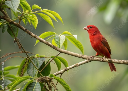 Vibrant Red Finch Perched on a Branch in Nature with Ample Copy Space for Text or Graphics photo