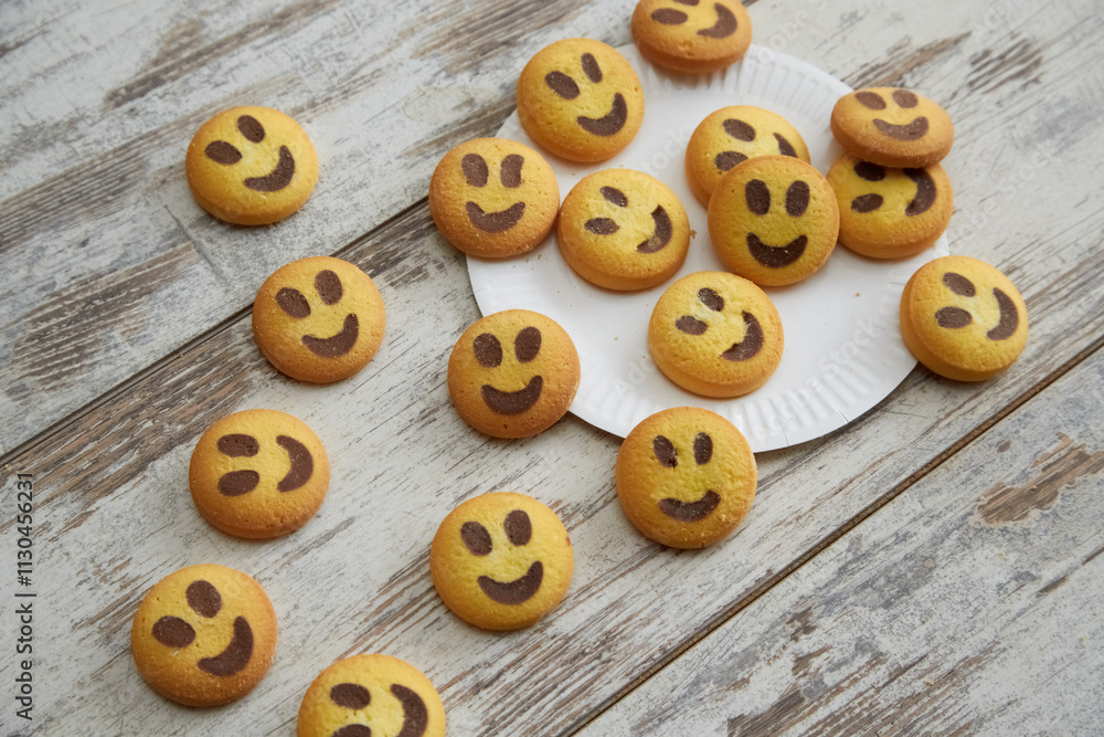 Obraz premium Emoji smiley cookies scattered from a white plate on a wooden table in close-up, good mood, casual communication, good family atmosphere, happiness and joy.
