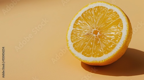 Obraz na płótnie A lemon with a small section cut out to show the juicy interior on a solid light brown background. w salonie
