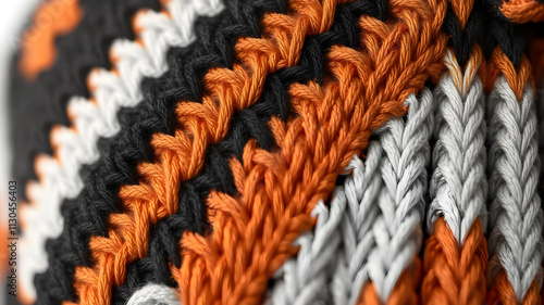 Chevron-patterned knit texture mimicking a butterfly's wing, blending vibrant orange, black, and white tones, vivid 8K resolution