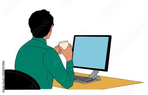 Business man sitting at the desk with laptop, holding cup of coffee or tea. Businessman working in office rear view. Outline sketch drawing isolated on transparent background.