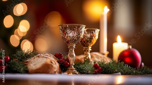 Festive Christmas Communion Chalices Bread and Candles