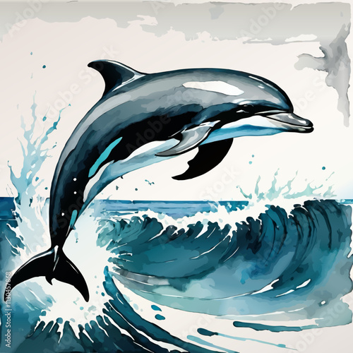 dolphin jumping out of water watercolor vector illustration