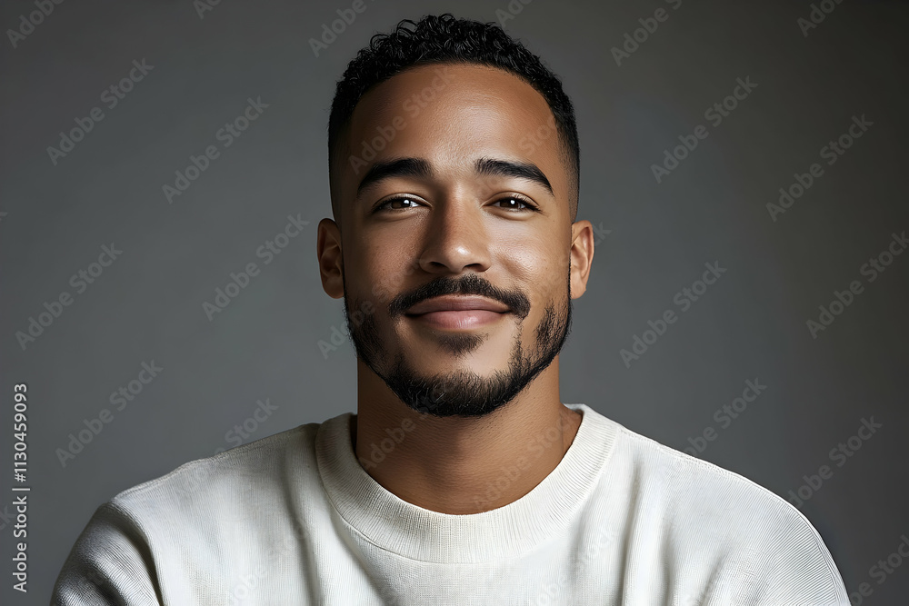 Obraz premium Portrait of a Man with a Gentle Smile, Wearing a Cream Sweater Against a Gray Background. His expression is calm and approachable, conveying a sense of peace.