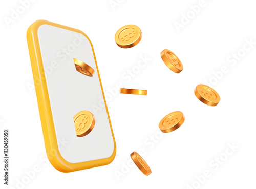 3d phone with flying golden Bitcoins. Winner concept. Stock vector illustration.