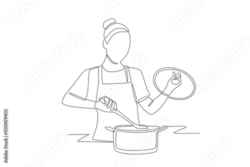 Woman preparing food. Preparing meals concept one-line drawing