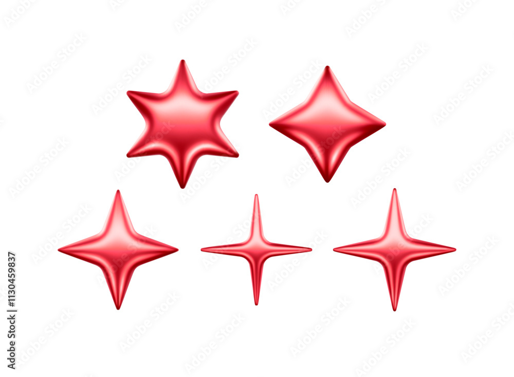 Fototapeta premium 3d Star Shapes Collection Red Shiny Glossy Metallic Icons Realistic Vector Illustrations Isolated On Transparent Background