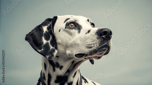 Vintage Style Black and White Illustration of a Dalmatian Dog Face on Light Gray Background, Perfect for Home Decor, Pet Lovers, and Dog Enthusiasts photo