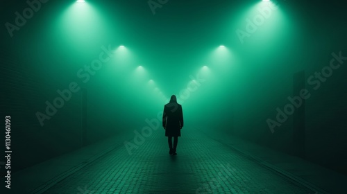 A solitary figure walking down a dark street during curfew hours, illuminated by spotlights from an overhead drone  photo