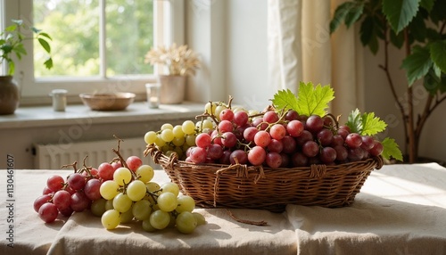 Wallpaper Mural Elegant still life with a basket of grapes, placed on a linen cloth, soft window light, natural tones, classic and timeless design

 Torontodigital.ca