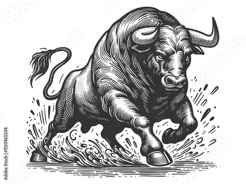 muscular bull in mid-charge, capturing strength, aggression, and motion in a bold style sketch engraving generative ai vector illustration. Scratch board imitation. Black and white image.