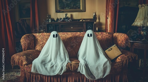 Fotografía Cute and Spooky: Two Ghosts on a Vintage Sofa with a Suitcase