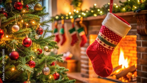 Red Santa Claus sock hanging under christmas tree in the house, Christmas stockings. photo