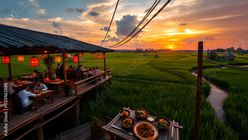 An open-air restaurant with wooden seating and lanterns, overlooking lush green rice fields during a vibrant sunset. Plates of traditional food are served on a wooden table in the foreground. photo