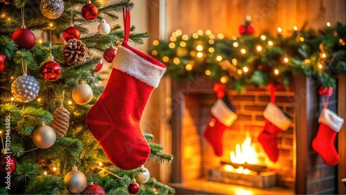 Red Santa Claus sock hanging under christmas tree in the house, Christmas stockings. photo