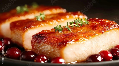 Close-up of crispy turkey skin with golden-brown texture, garnished with sprigs of thyme and roasted cranberries on a platter  photo