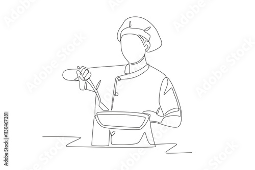 Female chef preparing food. Preparing meals concept one-line drawing