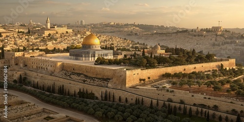 Vision of New Jerusalem Descending from Heaven with Streets of Gold in Revelation, Biblical Illustration with a Beige Background and High Depth of Field for Spiritual Reflection photo