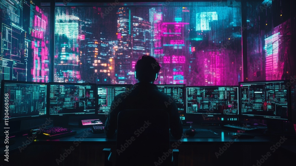 Obraz premium A hacker in a neon-lit room filled with digital data streams and multiple monitors, The setting is dark with a cyberpunk aesthetic