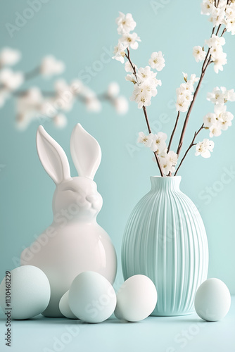 Delicate pastel colors blend beautifully in this tranquil spring setting featuring a bunny, blossoms, and eggs