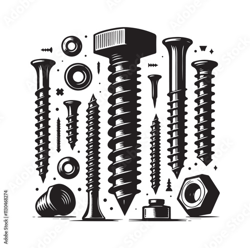 Screw bolt and nail Silhouette vector illustration